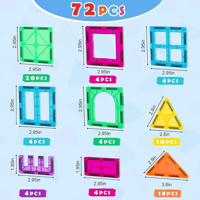 Gemmicc Magnetic Tiles, Magnet Toys Building Blocks for Kids, STEM Approved Educational Toys,Magnet Puzzles Stacking Blocks for Boys Girls,72 PCS Advanced Set