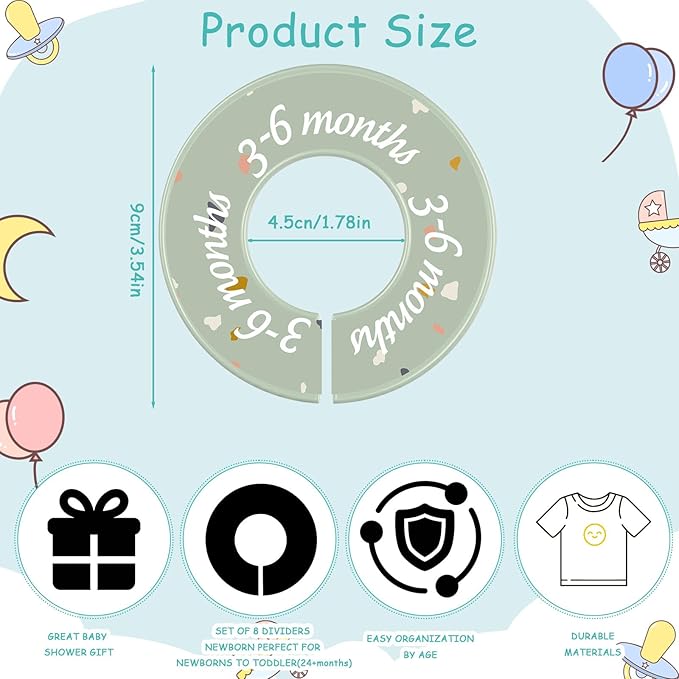 8 Pcs Baby Closet Dividers Unisex Baby Clothes Organizers Clear Labels for Nursery Closet Organizer & Decor Nursery Fits Most Rods(Donut,Light Color)