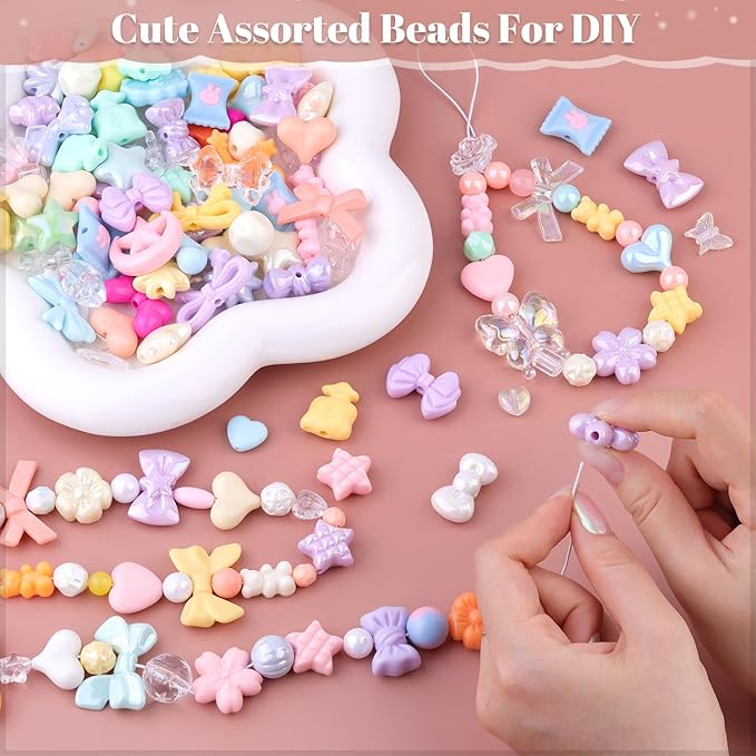 Assorted 170-230PCS Macaroon Color Acrylic Beads For Bracelet Making, Bow Butterfly Candy GummyBear Aesthetic Bracelet Charms,Cute Beads For Jewelry Making DIY Necklace Keychain Phone Charm