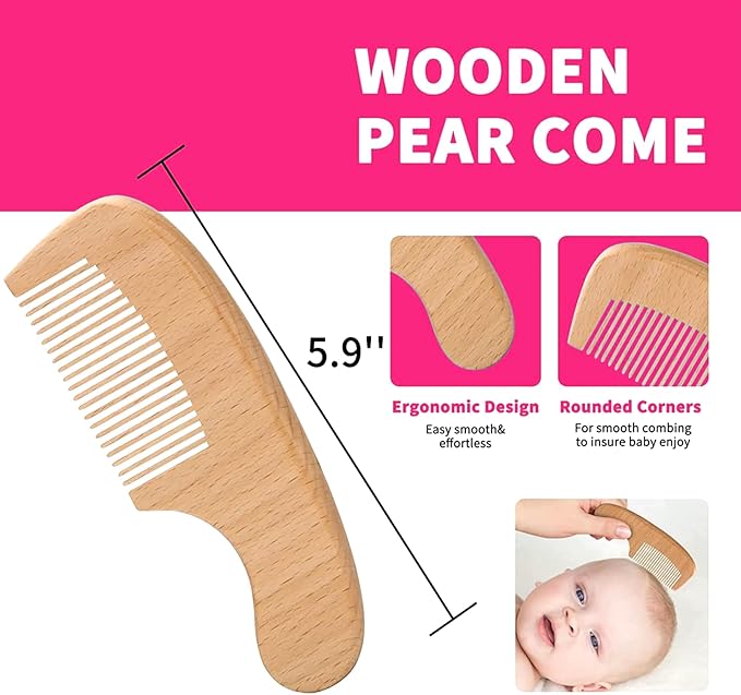 Goat Baby Hair Brush Set, Wooden Comb Massage Scalp Comb, Safe Natural Hair Care Kit, Soft Silicone Bath Brush for Newborns Toddlers (Brush Set+ Massager)