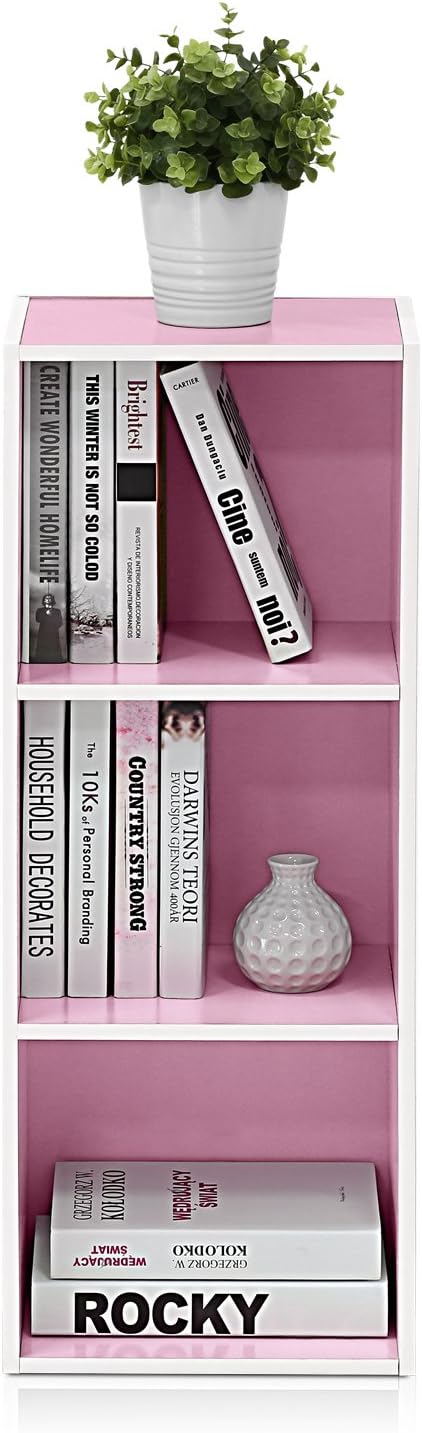 Furinno 3-Tier Open Shelf Bookcase, White/Pink 11003WH/PI