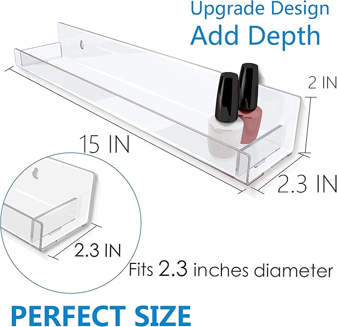 8 Pack 15 Inch Clear Acrylic Shelves, Clear Kids Floating Bookshelf for Kids Room, Modern Nail Polish Rack Sunglasses Essential Oil Picture Ledge Display Toy Storage Wall Shelf
