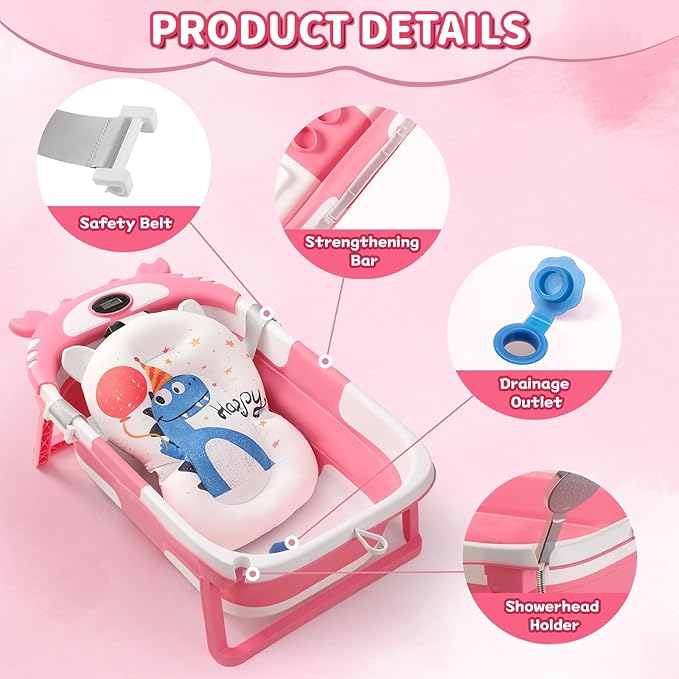 Baby Bathtub,Collapsible Baby Bath Tub with Thermometer & Soft Floating Cushion,Portable Travel Baby Bathtubs for Newborns to Toddlers 0-36 Months(Crab Pink)