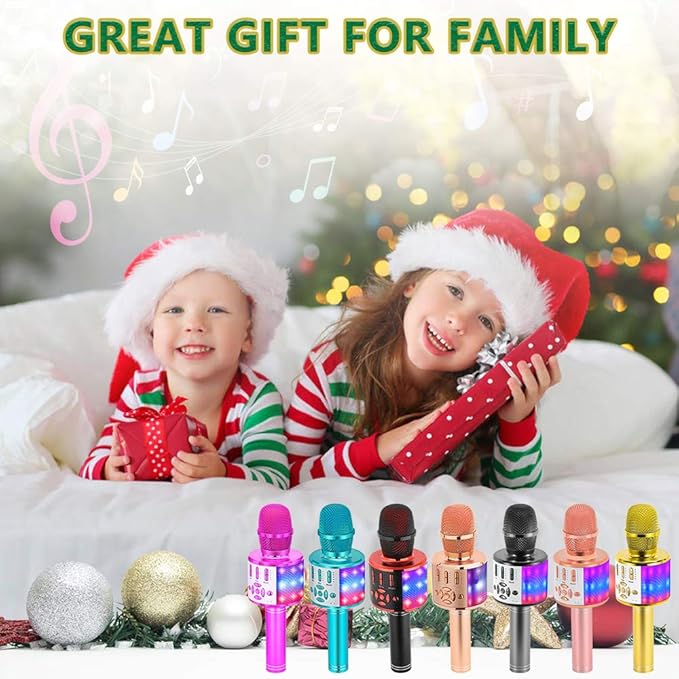 Amazmic Kids Karaoke Microphone Machine Toy Bluetooth Microphone Portable Wireless Karaoke Machine Handheld with LED Lights, Gift for Children Adults Birthday Party, Home KTV(Gold)