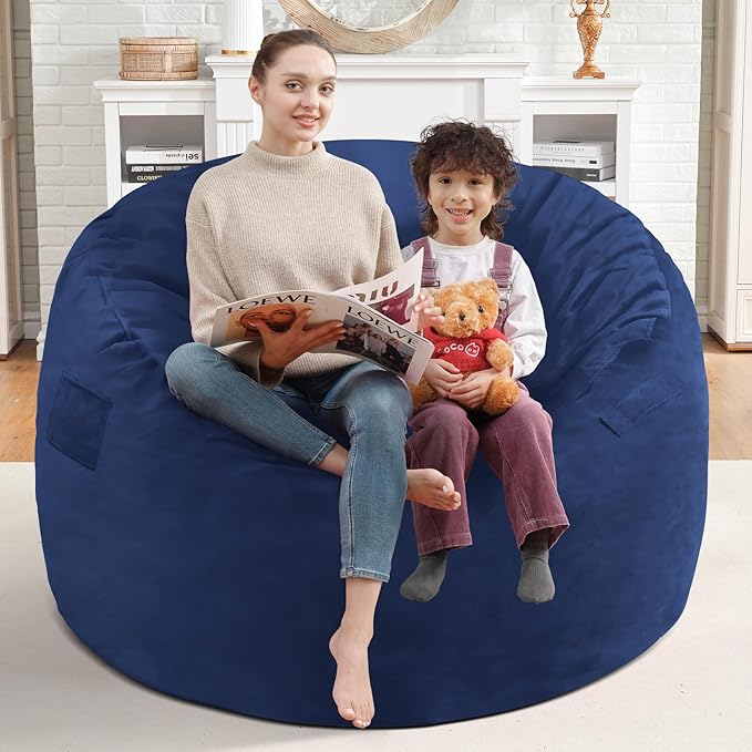 3FT Bean Bag Chair, Comfy Bean Bag Chairs with Memory Foam Filled, Fluffy Beanbag Sofa with Dutch Velvet Cover, Round BeanBag Chairs for Living Room, Playroom - Blue