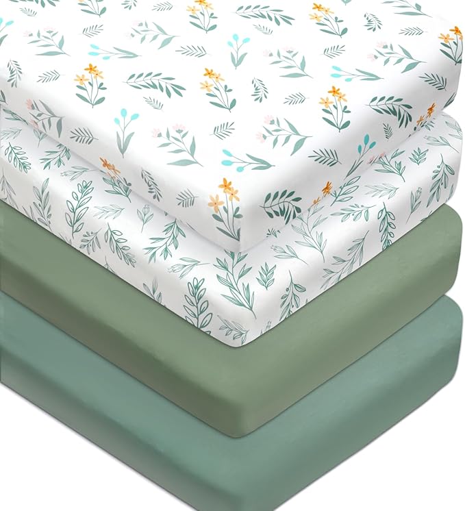 4 Pack Sage Green Fitted Nursery Sheets Breathable Neutral Unisex Baby Sheets for Boys or Girls with Leaf and Flower Design Standard Crib Sheet (Green, Crib Sheet)