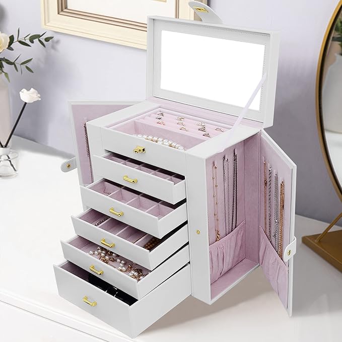 AKOZLIN Extra Large 6-Tier Jewelry Box Organizer with Mirror, 5 Drawers Leather Jewelry Storage Case for Women Girls Ring Necklace Earring Bracelet White