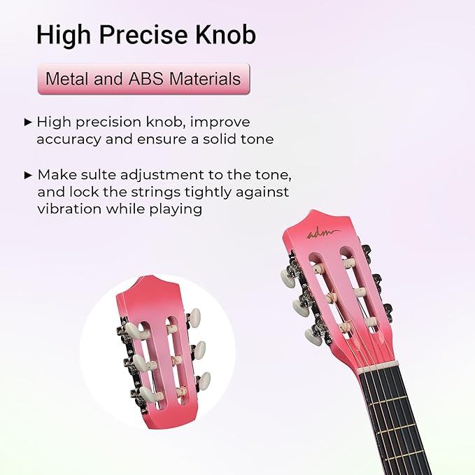 ADM Beginner Acoustic Classical Guitar 36 Inch Nylon Strings Wooden Guitar Bundle Kit for Kid Boy Girl Student Youth Guitarra Online Lessons with Gig Bag, Strap, Tuner, Strings, Picks, Pink