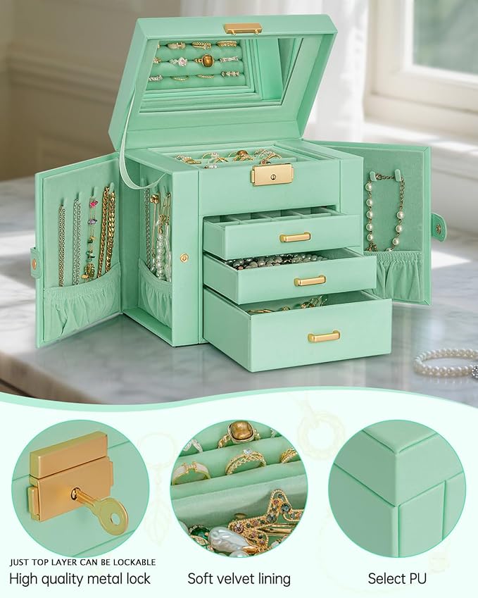 AKOZLIN 4-Tier Jewelry Box Leather Jewelry Storage Organizer with 3 Drawers Lockable for Women Girls Ring Necklace Earring Bracelet Holder with Mirror