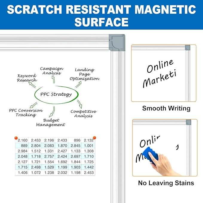 H-Qprobd 6'x4' Large Magnetic White Board Dry Erase Whiteboard with Aluminum Frame, 72"X48" Hanging White Boards for Wall with Long Pen Tray, Presentation Board for Office Classroom Home