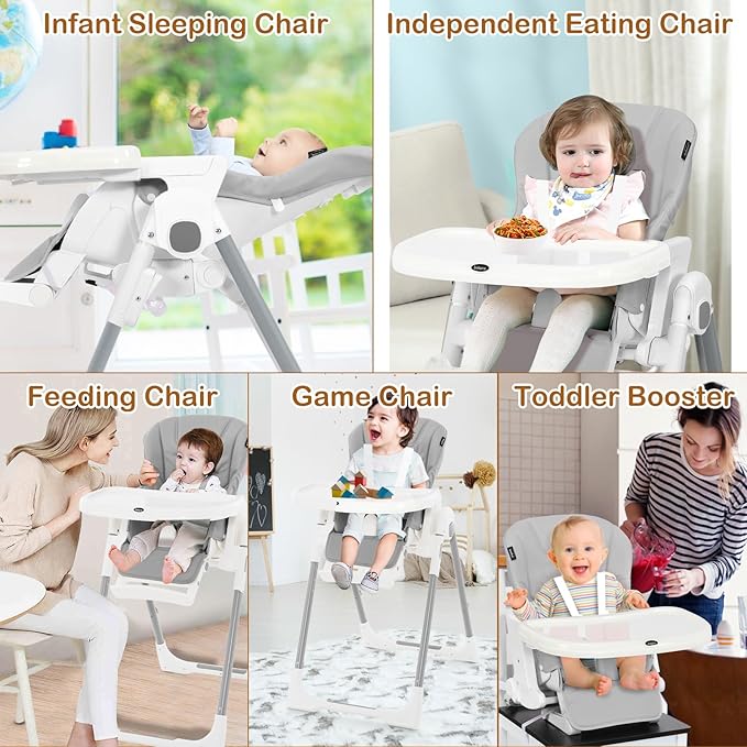 INFANS High Chair for Babies & Toddlers, Foldable Highchair with Multiple Adjustable Backrest Footrest Seat Height, Removable Tray, Detachable PU Leather Cushion Wheels (with Booster, Light Grey)