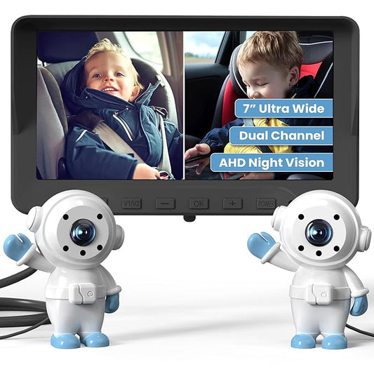 GROWNSY Dual Car Camera Baby Monitor, 7" 1080P AHD Car Camera for 2kids, Backseat Mirror for Baby Rear Facing with Infrared Night Vision, Easily Observe Baby's Every Move