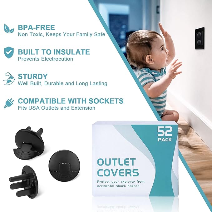 52 Pack Black Safety Outlet Covers Baby Proofing, Electrical Socket Outlet Plugs 3-Prong Child Proof for Kids House