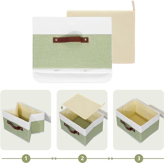 ANMINY Storage Boxes with Lids Washable Decorative Storage Bins Basket with PU Leather Handle Foldable Linen Fabric Storage Cubes Containers for Home Closet Organizer - Green White, Large Size
