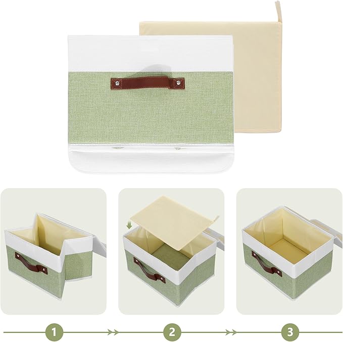 ANMINY Storage Boxes with Lids Washable Decorative Storage Bins Basket with PU Leather Handle Foldable Linen Fabric Storage Cubes Containers for Home Closet Organizer - Green White, Small Size