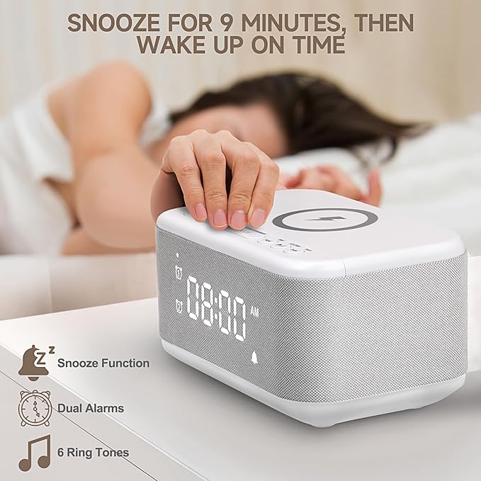 Alarm Clock Speaker Wireless Charger, Digital Alarm Clocks Bedrooms Bluetooth, Alarm Clock Dimmable Light Bedrooms Dual Alarm Snooze Dimmer 12 24H RGB Night Light Bluetooth USB AUX, White