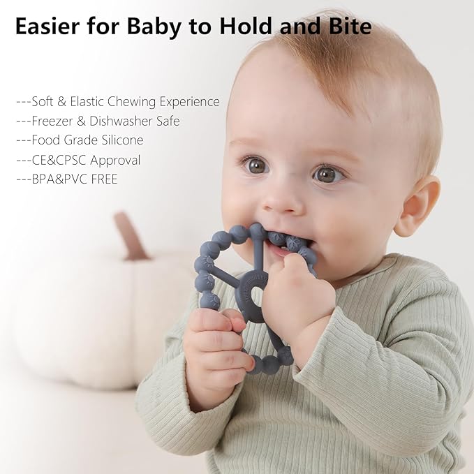 3 Pack Ring Teether Baby Infant Toys, Baby Essentials, Silicone Teething Ring Toys for Babies 0-6 Months, Seposeve Toddler Teethers 6-12 Months 12-24 Months, Infant Teething Relief, Brown Green Blue