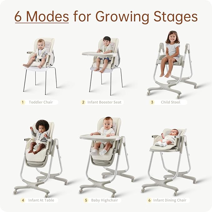 6 in 1 Convertible High Chairs for Babies and Toddlers,Portable High Chair with Dishwasher Tray and 4 Wheel,Booster Seat for Dining Table,Foldable Toddle and Baby Feeding Highchair (White)