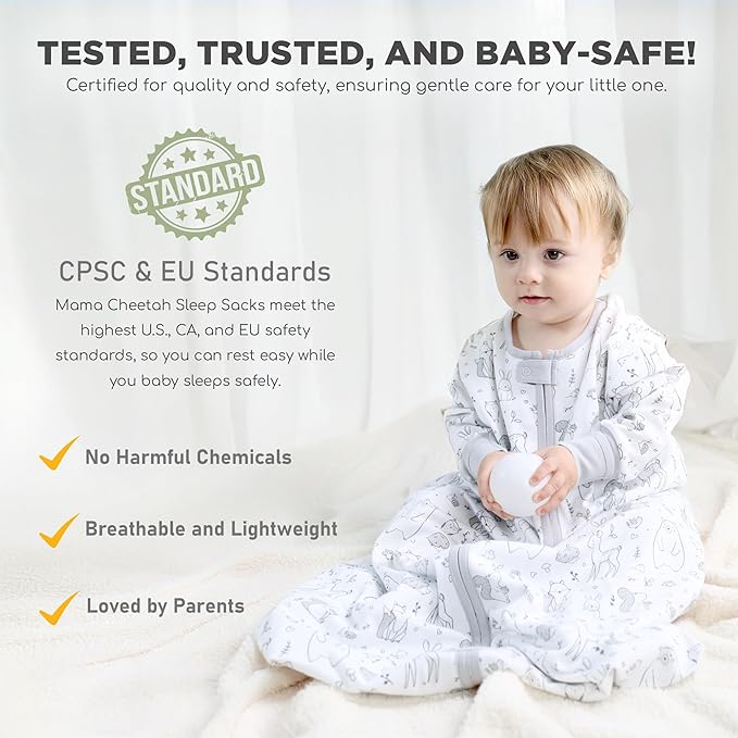 Mama Cheetah Baby Sleep Sack with Sleeves, 0.5 TOG Organic Cotton Wearable Blanket and Two-Way Zipper, Swaddle Transition Long Sleeve Sleeping Bag for Newborn Infant Toddler, 12-18 Months