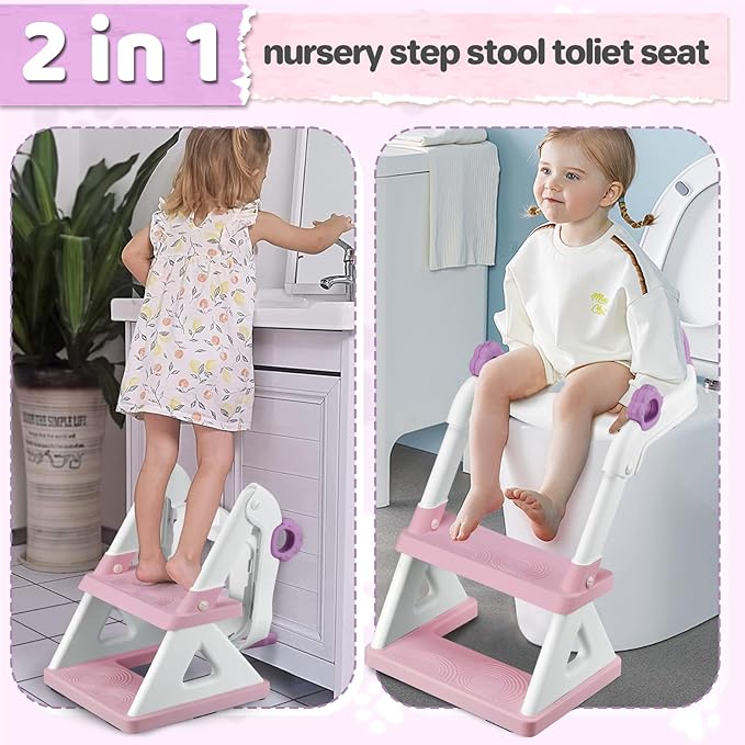 2 In 1 Potty Training Toilet Seat & Toddler Step Stool, Bottom Triangle Stability Toddler Toilet Seat, Adjustable Step & Seat Height Potty Seats for Toddlers Boys Girls (Purple)