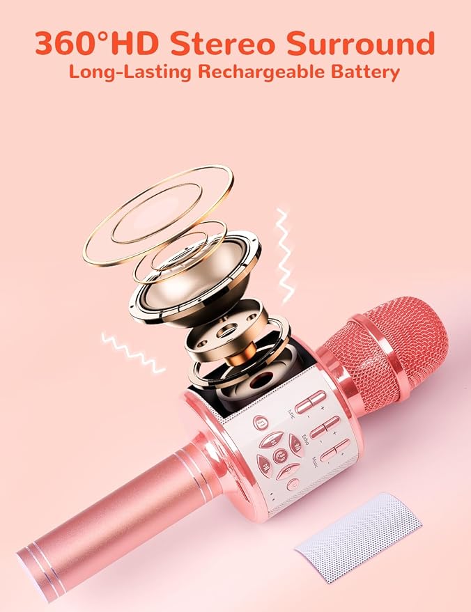 Amazmic Karaoke Microphone for Adults, Wireless Bluetooth Microphone for Singing Portable Karaoke Machine Handheld with LED Lights, Gift for Kids Adults Birthday Party, Home KTV(Rose Gold)