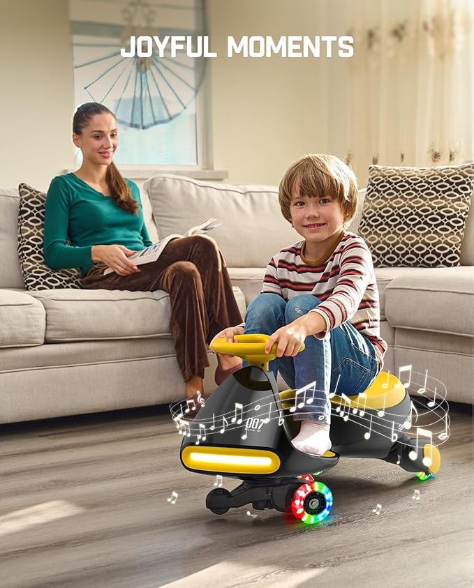 FanttikRide 6V N7 Classic Electric Wiggle Car with Pedal, Rechargeable Battery, Ride on Toys, Swing Car, 2 Speeds, Anti-Rollover, Flashing Light Wheels, Bluetooth, for Ages 3 and Up, 150 Lbs, Yellow