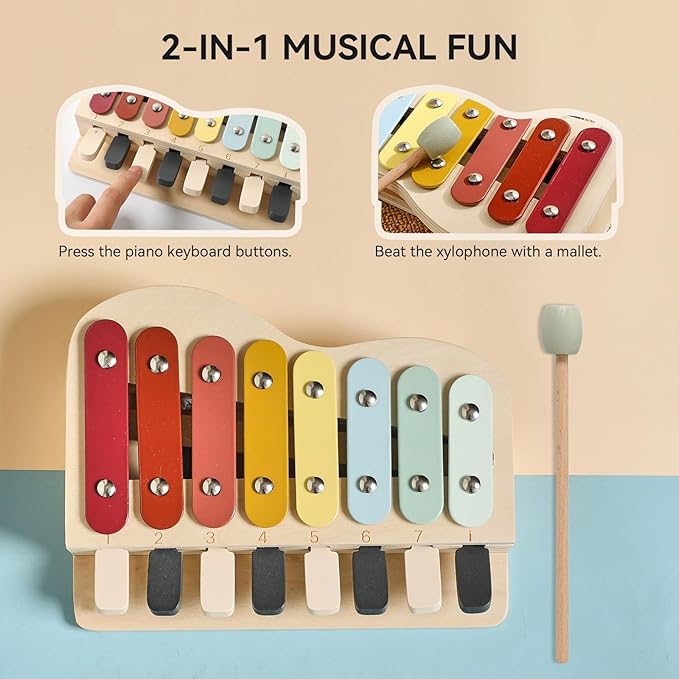 IEATFO 2-in-1 Piano Xylophone Wooden Musical Toy for Toddlers 1-3, Educational Musical Learning Instruments with 8 Colorful Keys, 5 Classic Song Sheets, Montessori Sensory Music Set for Girls Boys