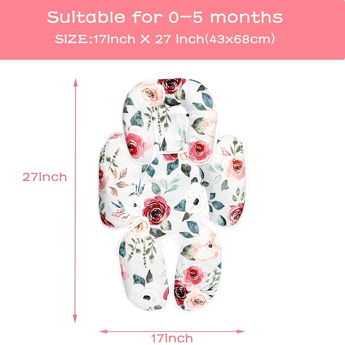 2 in 1 Infant Car Seat Insert, Car Seat Head Support Baby Girls Boys, Soft Newborn Carseat Insert Cushion, Perfect for Carseats, Strollers, Swings (Rose Flower)