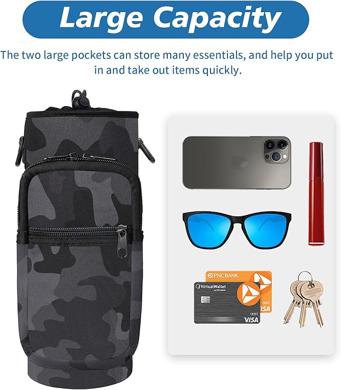 32 40 oz Water Bottle Carrier with Strap, Neoprene Water Bottle Sleeve Bag with 2 Pockets Insulated Flask Sling Holder for Walking Hiking Gym