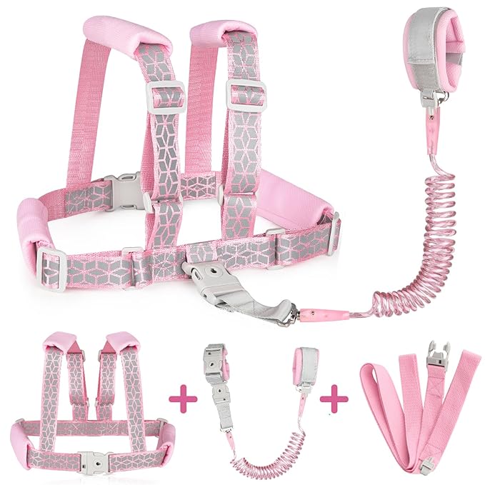 Accmor Toddler Harness Leash, Reflective Kids Leashes with Anti Lost Wrist Link, 3 in 1 Child Harnesses with Key Lock Design for Girls, Baby Walking Wristband Rope Protection Belt Tether.