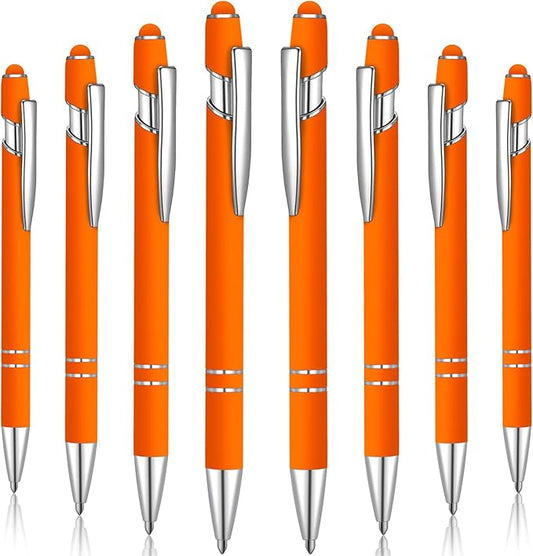8 Pieces Ballpoint Pen with Stylus Tip Black Ink 2 in 1 Stylus Metal 1.0 mm Medium Point Smooth Pen Rainbow Colorful Rubberized Ballpoint for Touch Screen Tablet(Orange)