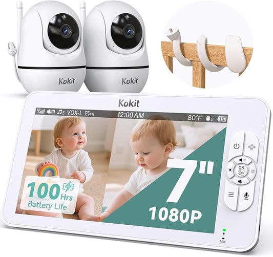 7" 1080P Full HD Split-Screen Baby Monitor,100 Hrs 5000mAh Battery Runs 4 Days with Flexible Bracket,No WiFi Baby Monitor with 2 FHD Cameras Hack-Proof,4X Zoom,2-Way Talk,Temp Alert/Lullabies/VOX