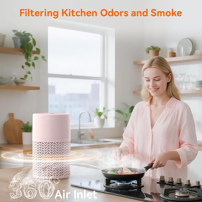 AIRROMI Pets Air Purifier for Home Allergies,Up to 660 ft².Yellow Deodorizing Activated Carbon Filter,With Fragrance Sponge for Better Sleep,Night Light,Pet Dander,Smoke,Odors,Air Cleaner A2002 Pink