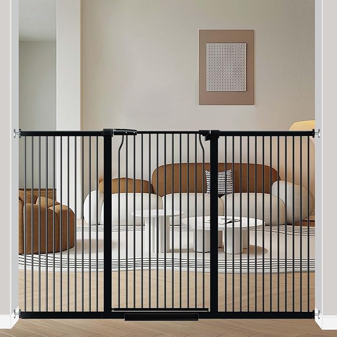 40.5" Extra Tall Baby Gate for Doorway, 72.3"-74.1" Extra Wide Long Pet Gate, No Drill Pet Safety Barrier Metal, Pressure Mounted Safety Child Gate for Stairs Walk Thru Kids or Pet Black