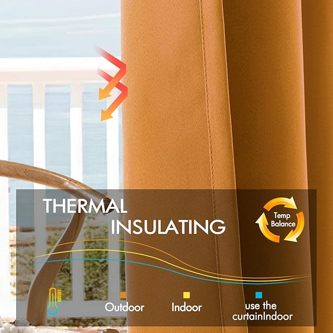 ANRODUO Back Tab Blackout Curtains for Bedroom Living Room, Rod Pocket Pinch Pleated Thermal Insulated Room Darkening Curtains 54 Inches Long 2 Panels, Mustard Yellow, 42 x 54 Inch