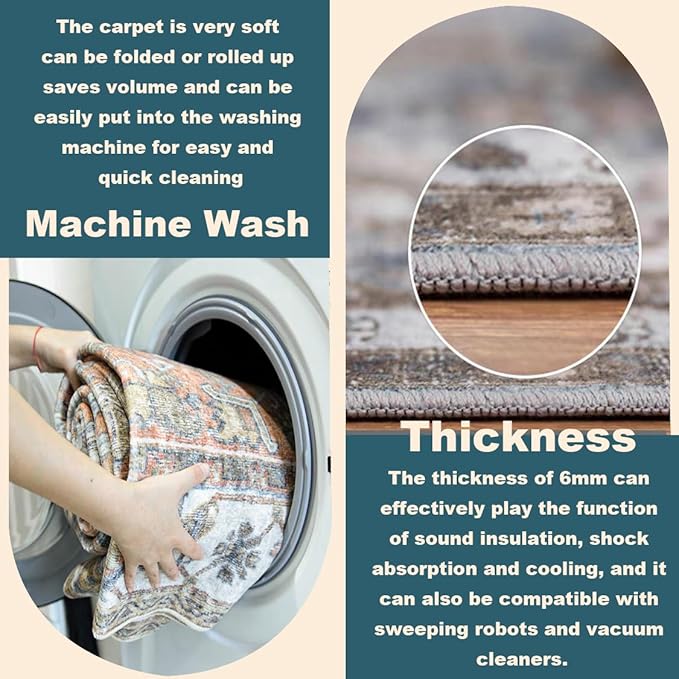 Area Rug 6'x9' Washable Floral Blue Vintage Traditional Floor Cover Thin Retro Kitchen Indoor Distressed Non Slip Carpet for Living Room Bedroom Dining Room