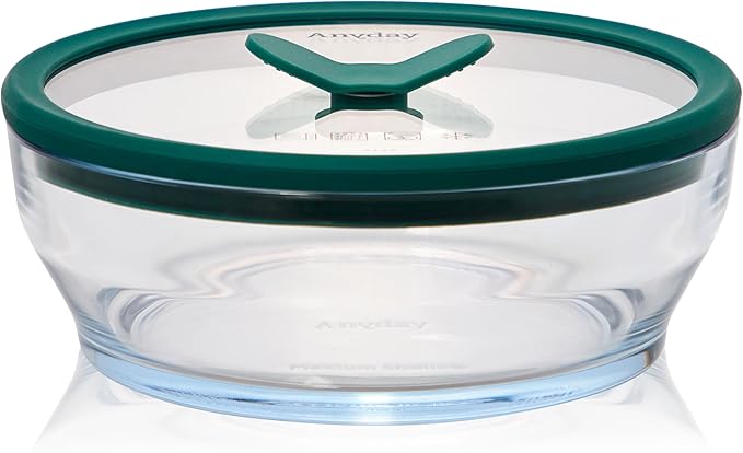 Anyday 4-Cup Glass Food Storage with Glass Lid, Round Shallow Dish | Plastic-Free Meal Prep & Microwave Cookware | Stackable Airtight Storage Container with Vented Lid for Microwave-Safe Reheating