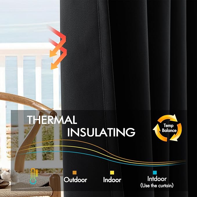 ANRODUO Back Tab Blackout Curtains for Bedroom Living Room, Rod Pocket Pinch Pleated Thermal Insulated Room Darkening Curtains 96 Inches Long 2 Panels, Black, 52 x 96 Inch