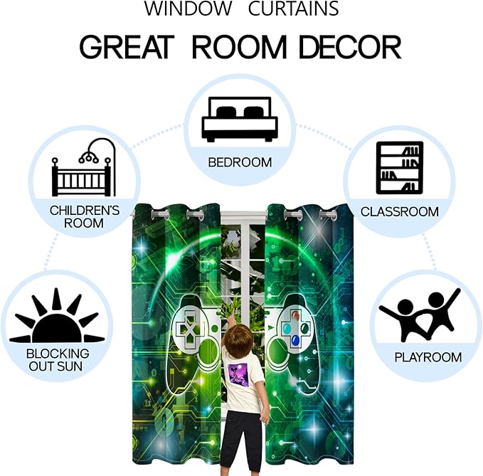 Gaming Blackout Curtains for Boys - 2Pcs Game Windows Curtain Panels for Boys Bedroom Green Gaming Console Curtains for Teens Boys Kids Room Decor Grommet Top, 82 in x 63 in