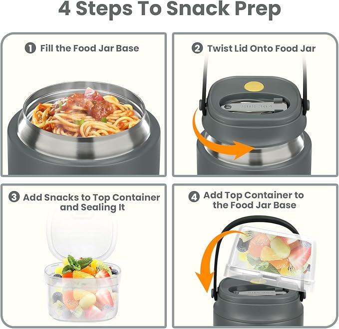 2-in-1 Insulated Food Jar & Snack Container - 15oz Kids Soup Thermos for Hot Food with Handle and Spoon, Leak Proof Reusable Toddler Snack Box, Perfect for School & Travel, Grey