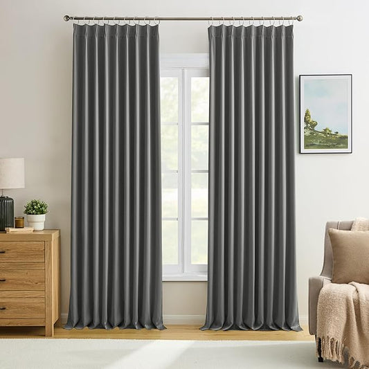 Grey Blackout Curtains 95 Inches Long 2 Panels Set, 60 Inch Wide Pinch Pleated Curtain with Hooks,Thermal Insulated Room Darkening Vertical Window Treatments for Living Room Bedroom 60 x 95