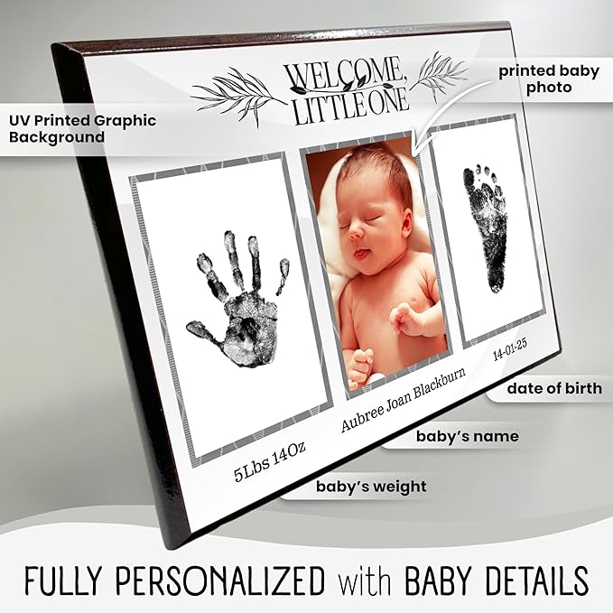 Baby Hand and Footprint Kit with Photo & Birth Details, Inkless Hand and Footprint Kit, Newborn Keepsake Plaque, Baby Shower Gifts (STYLE 1 (Fully Personalized) (Welcome Little One))