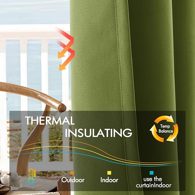 ANRODUO Back Tab Blackout Curtains for Bedroom Living Room, Rod Pocket Pinch Pleated Thermal Insulated Room Darkening Curtains 63 Inches Long 2 Panels, Olive Green, 42 x 63 Inch