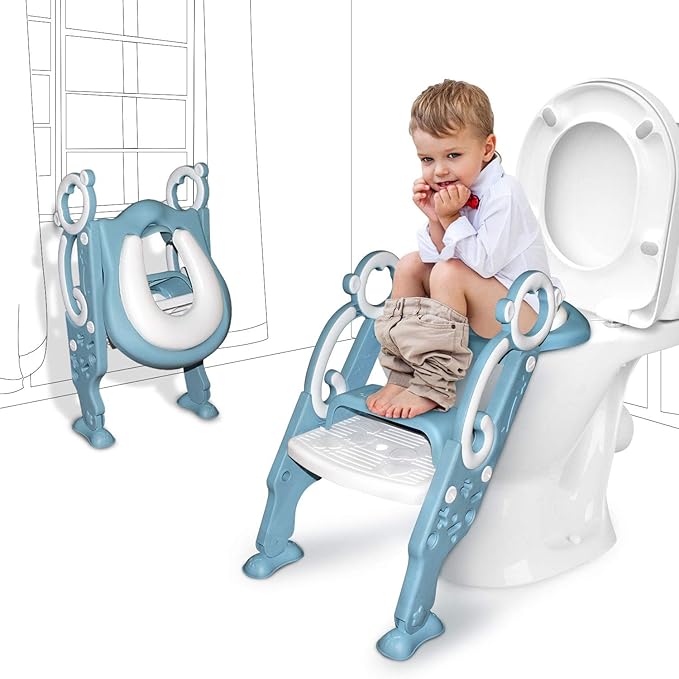 GrowthPic Toddler Potty Training Seat with Step Stool Ladder – Foldable Toilet Trainer with Splash Guard for Boys & Girls, Height Adjustable, Fits Standard & Elongated Toilets (Blue)