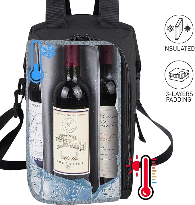 ALLCAMP 4 Bottle Wine Gift Bag - Insulated Tote Cooler, Adjustable Strap, Includes 4 Wine Glasses, Napkins & Corkscrew, Portable Travel Gifting (Black)