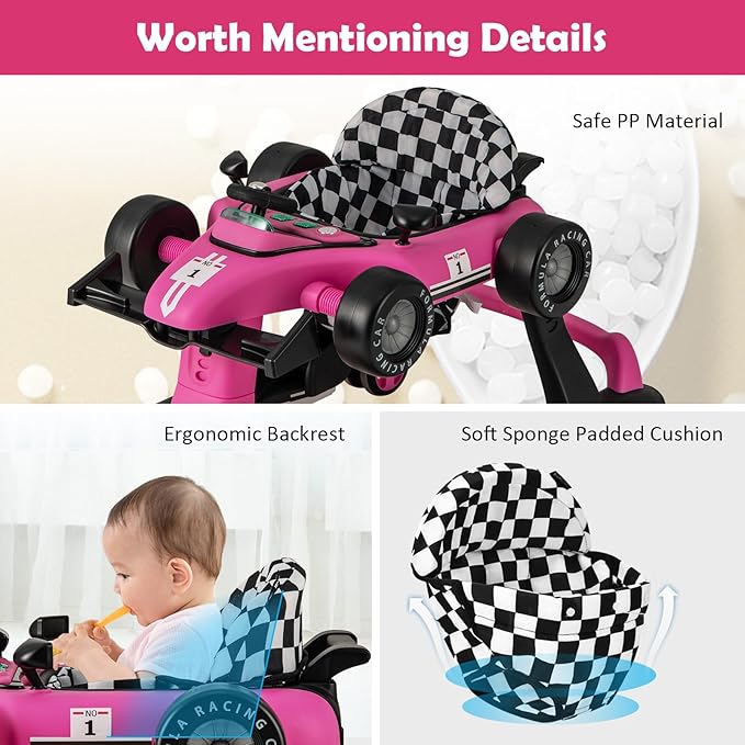 HONEY JOY 4-in-1 Baby Walker, Activity Push Walker w/3 Adjustable Heights, Smooth Wheels w/Adjustable Speed, Padded Seat, Music & Light, Foldable Car Walker for Baby Boys Girls Age 6 Months+ (Pink)