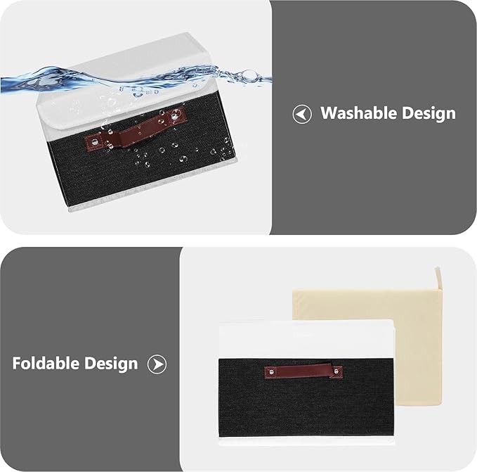 ANMINY 4PCS Storage Boxes with Lid Washable Decorative Storage Bins Basket with PU Leather Handle Foldable Linen Fabric Storage Cubes Containers for Home Closet Organizer - Black White, Large Size