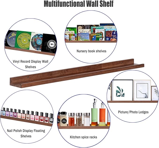 AZSKY Floating Wood Wall Shelves Light Walnut 48 Inch Long Hanging Picture Photo Ledge Shelf Rustic Modern Narrow Shelves for Wall Decor Storage and Display Nursery Book Shelves a Set of 3