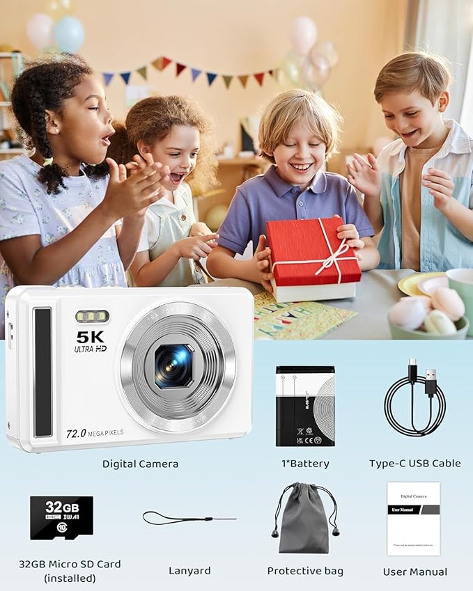 5K Digital Camera - 72MP UHD Digital Cameras for Photography - Autofocus Point and Shoot Small Camera with Flash for Kids - 2.8 Inch Screen Compact Portable Vlogging Camara with 16X Zoom, 32GB SD Card