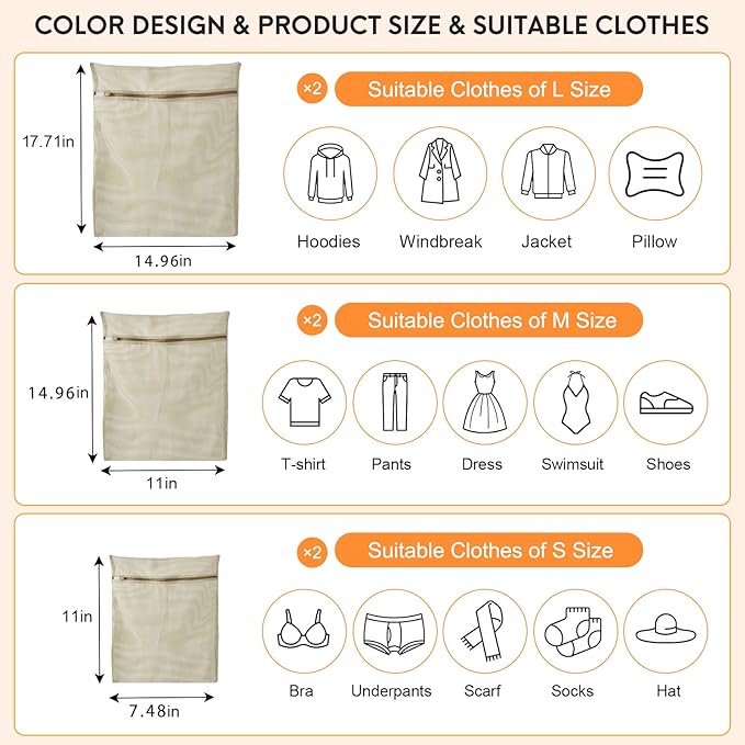 6-Piece Bag, Durable Cotton Mesh Laundry Bag, Sturdy Zipper, Breathable Mesh, Exquisite Laundry Bag for Underwear, Clothes, Pants, Shoes and Socks